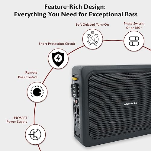 Miniatura 4 de Rockville RW68CA - Subwoofer activo delgado para automóvil bajo el asiento, 400 W, 6 x 8, 4 ohmios, amplificador integrado, control remoto de bajos