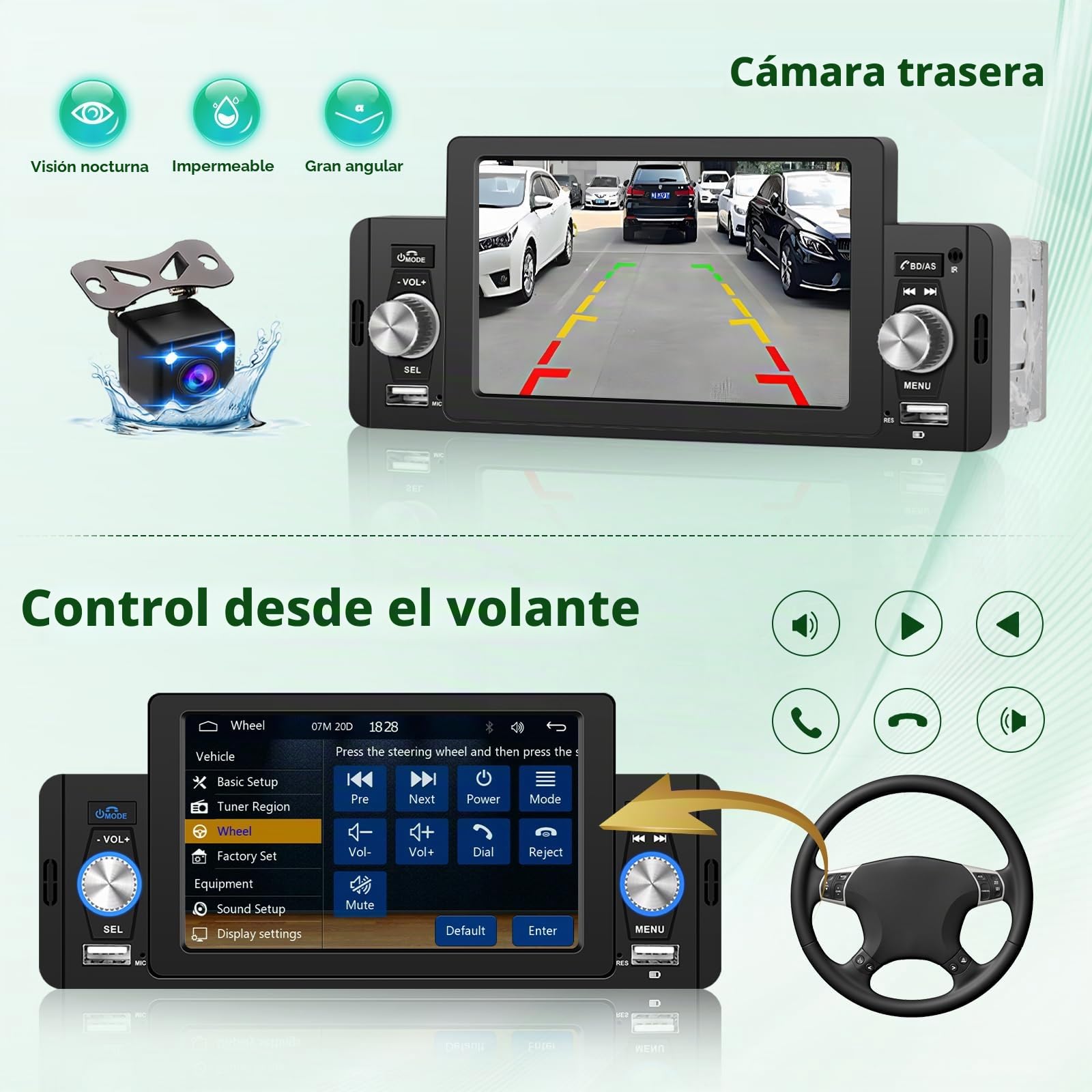 Hikity 5" 1 DIN CarPlay Radio Coche con Bluetooth FM Cámara Trasera | Pantalla Táctil Android Auto Mirror Link Control del Volante Manos Libres USB AUX Tarjeta TF
