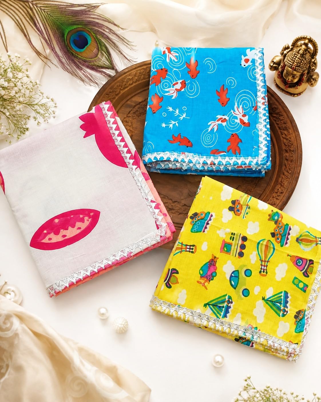 SEER Cotton Printed Bed Sheet for Laddu Gopal Bed Krishna Ji, 9x9 Inch, Decorative Mattress Cloth, Pack of 3-image-10