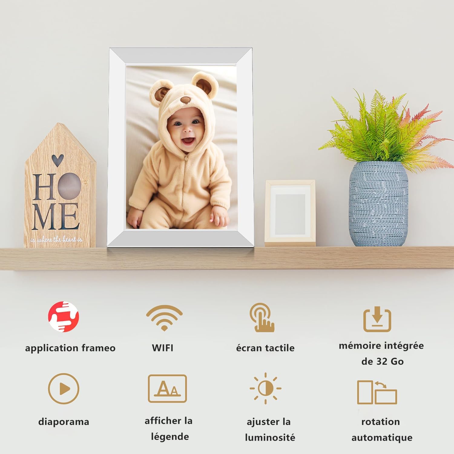 Frameo 32Go Cadre Photo Numérique WiFi 10,1 Pouces, Écran Tactile HD 1280x800 IPS pour Partager Photos et Vidéos, Support Multilingue, Rotation Automatique, Montage Mural (Blanc)