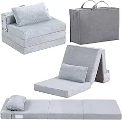 Colchão de chão dobrável com travesseiro para crianças, tapete de cochilo dobrável triplo lavável para dormir, sofá-cama futon de três dobras com bolsa de armazenamento para meninas e meninos