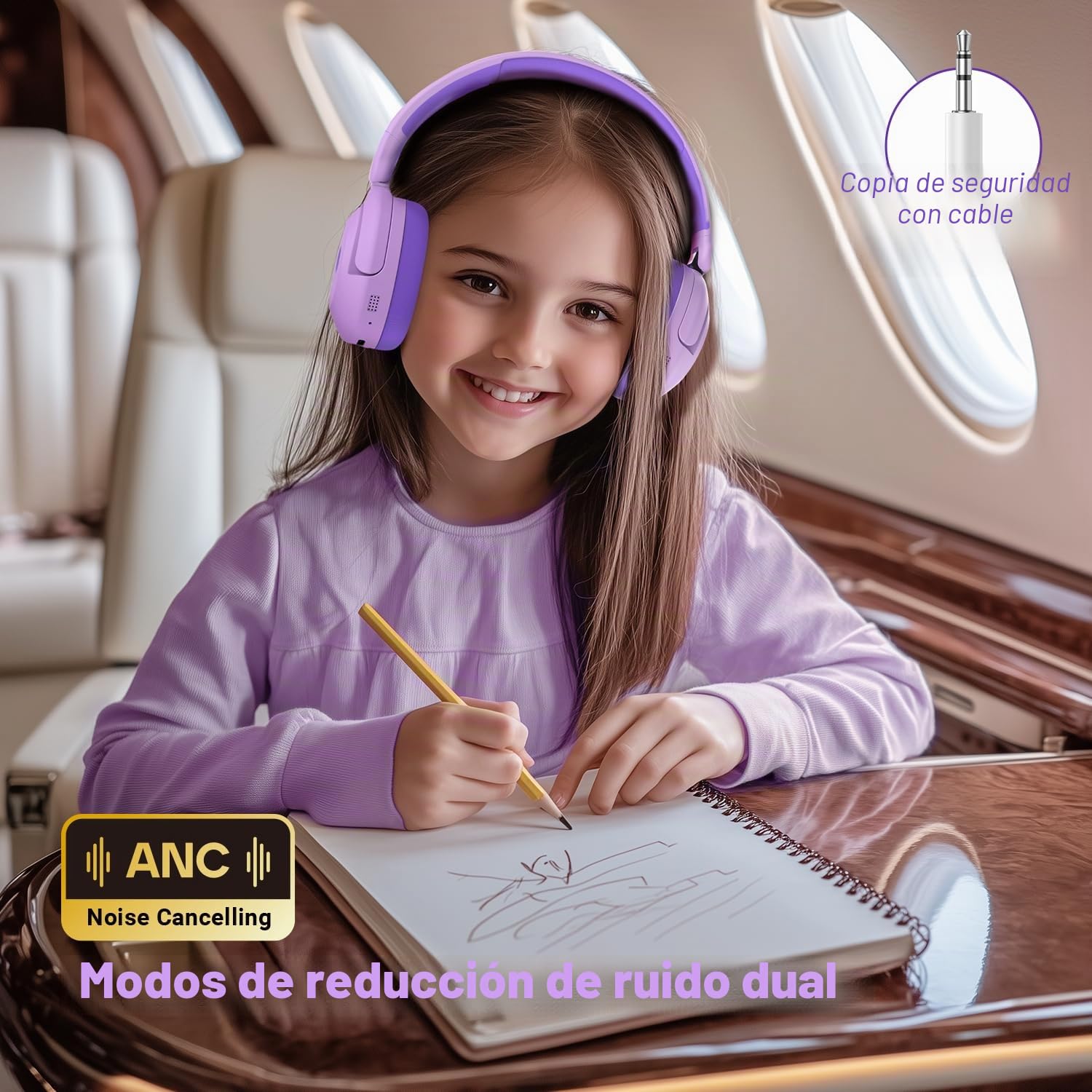 iClever BTH20 Auriculares con cancelación Activa de Ruido para niños, 60 Horas de reproducción, Carga rápida Tipo C, Volumen Seguro de 80 dBA, Bluetooth 5.4, Auriculares inalámbricos para niños