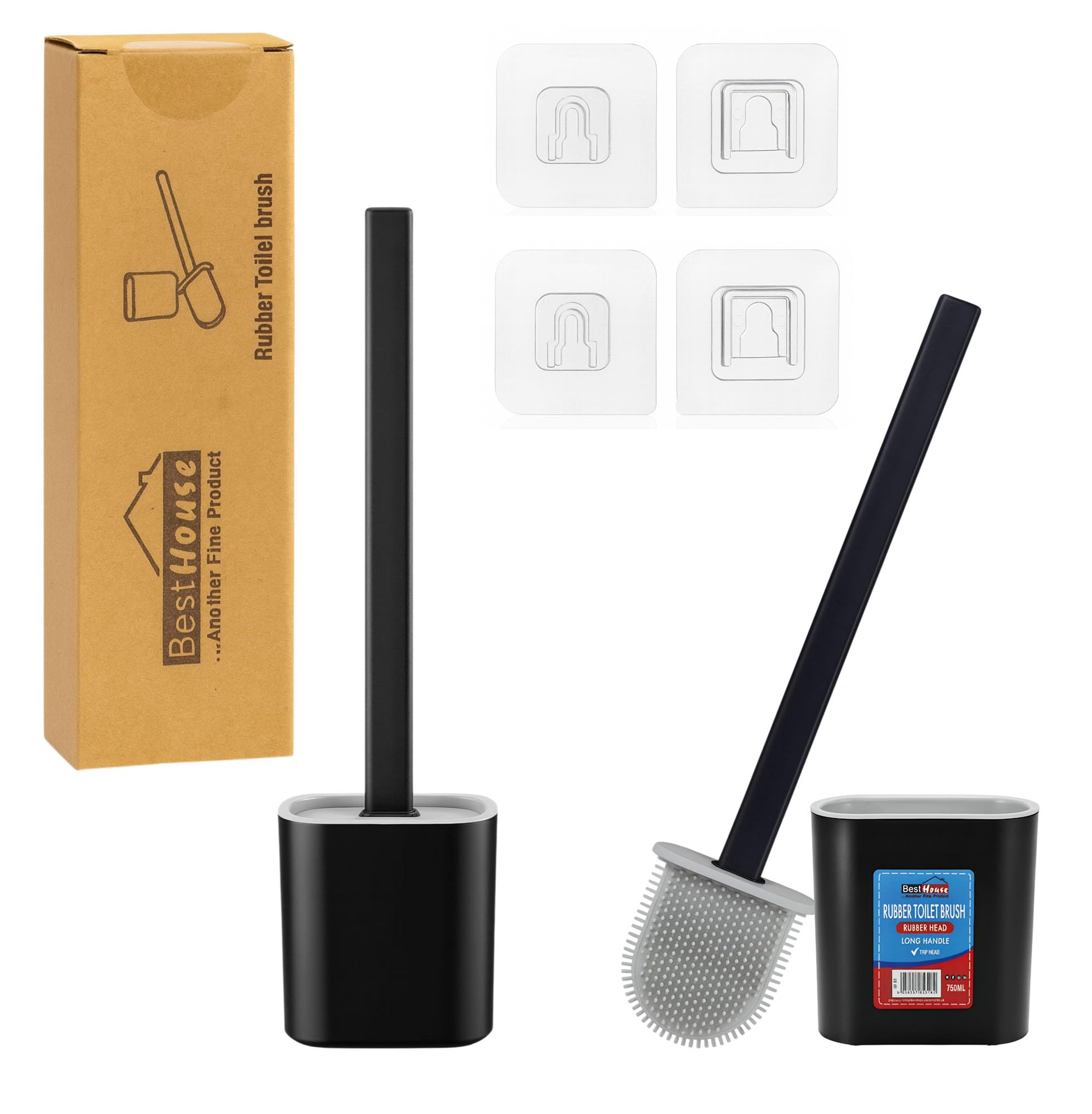 BH | Silicone Toilet Brush and Holder Set | 2-Pack | Black White |Deep Cleaning | Long Handle | Durable and Flexible TPR Bristles | Wall Mounted Toilet Bowl Brush for Bathroom Cleaning - by BEST HOUSE