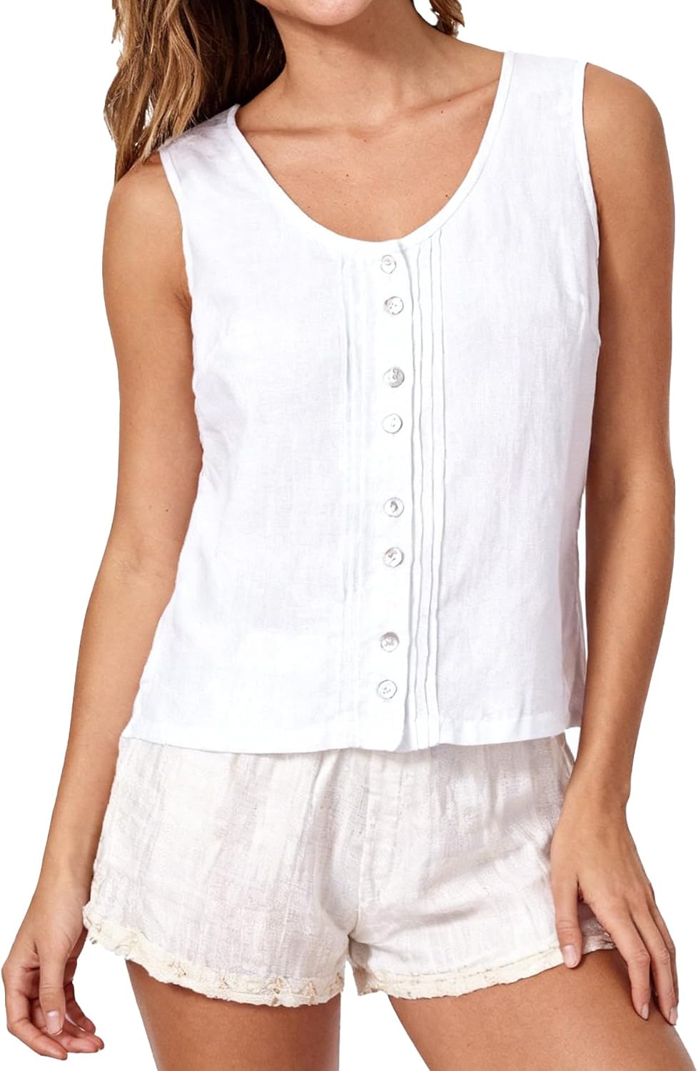Amazhiyu Womens 100% Linen Sleeveless Tank Tops Scoop Neck Button Pleated Blouse