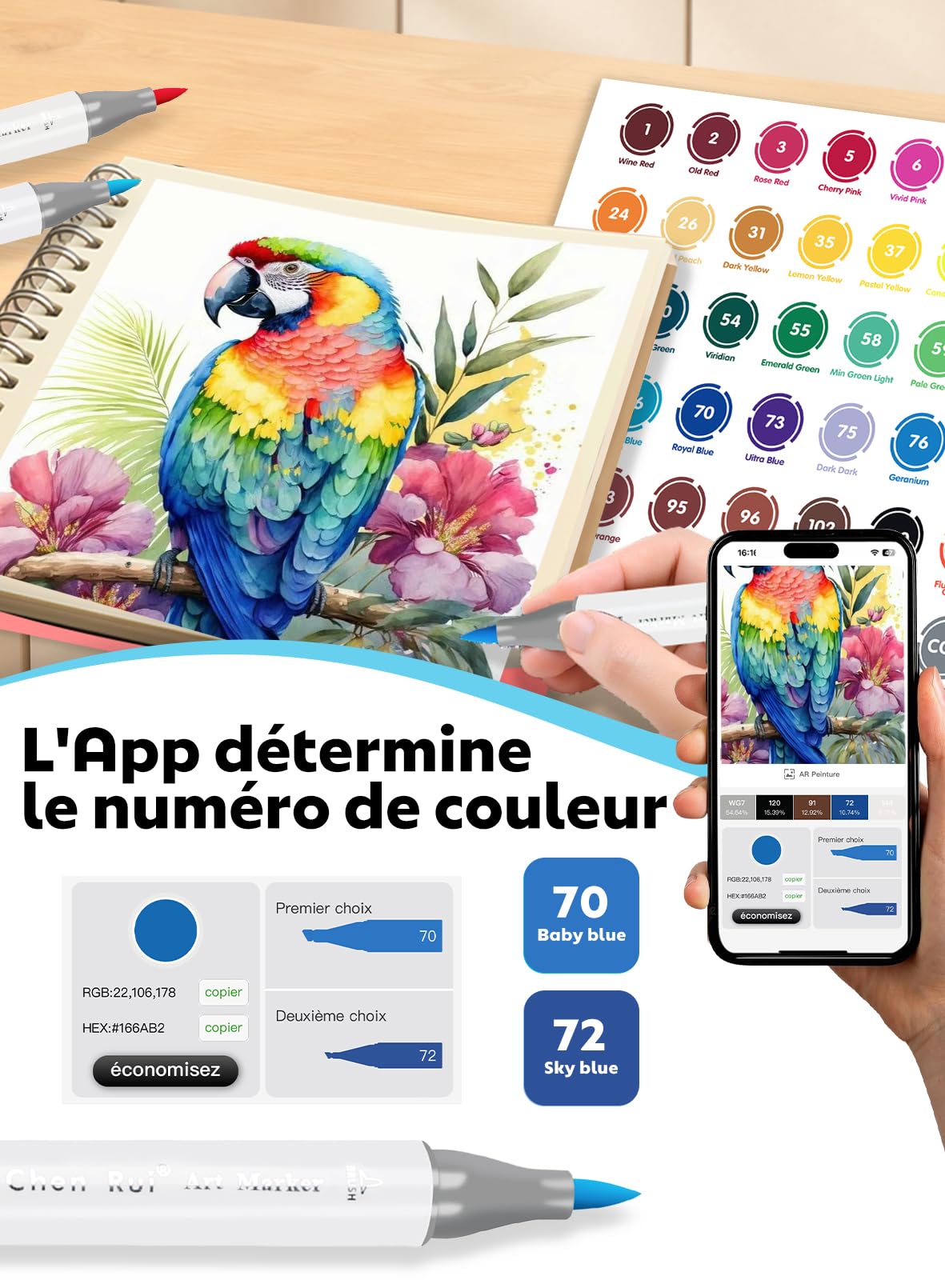 Chen Rui 120 Couleurs Feutres a Alcool avec App, Feutres Coloriage Adulte