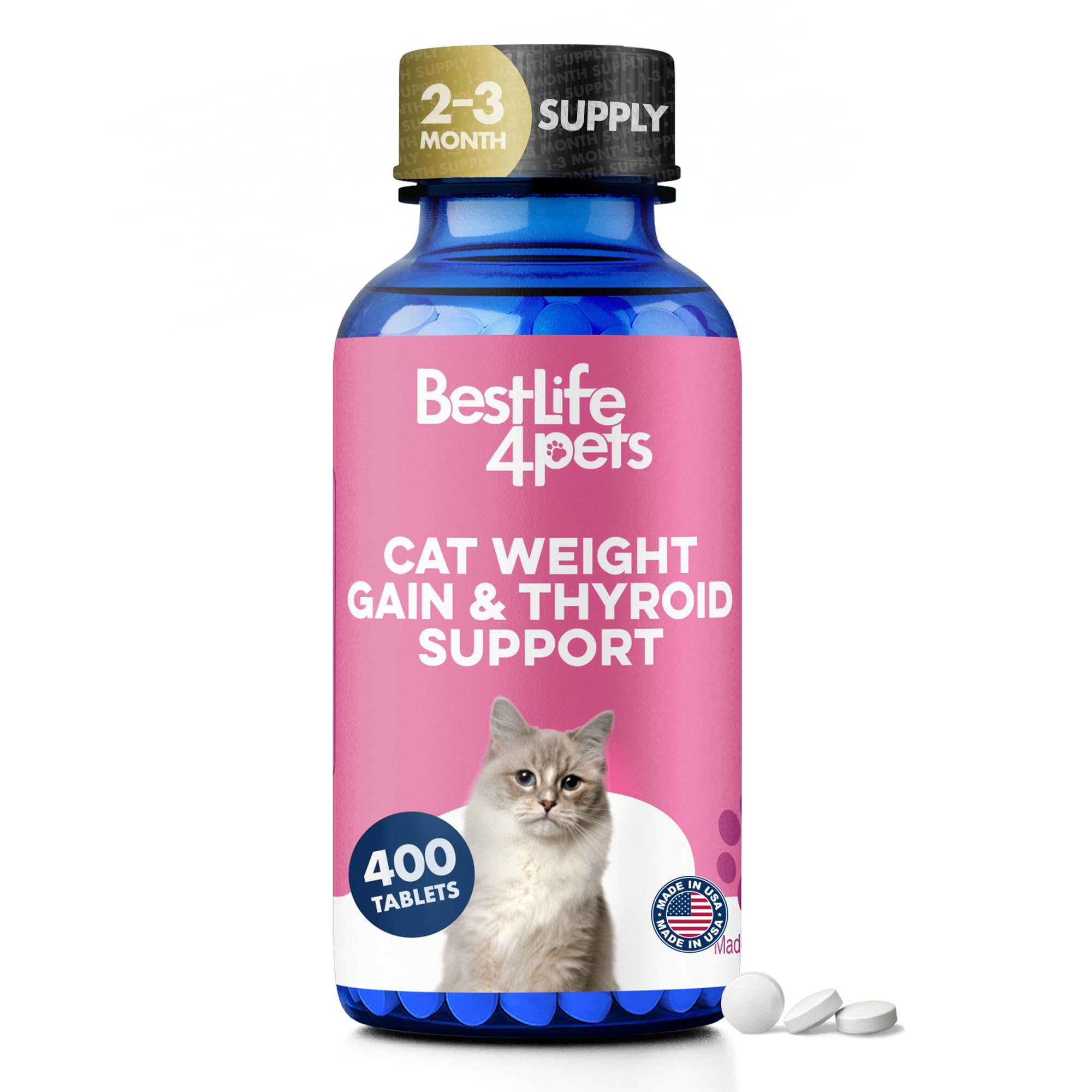 Cat Hyperthyroid & Gentle Weight Gain Support for Cats and Kittens - Natural Feline Thyroid Balance for All Ages in Odorless Easy to Use Tiny Pills That Improve Appetite, Coat & Energy (400 Pills)