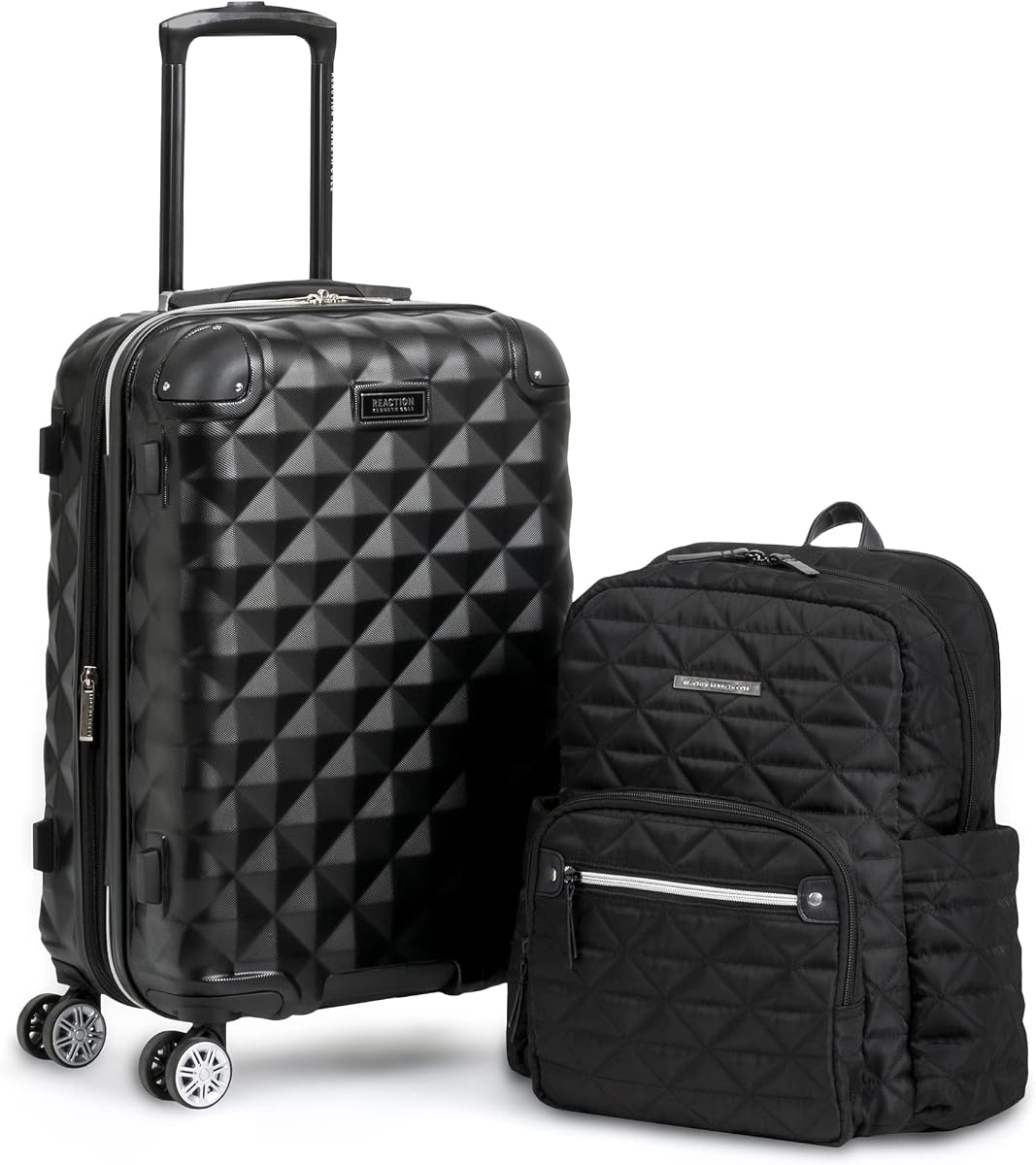 Diamond Tower Collection Lightweight Hardside Expandable 8-Wheel Spinner Travel Luggage, Black, 2-Piece Bundle (Carry On + Backpack)