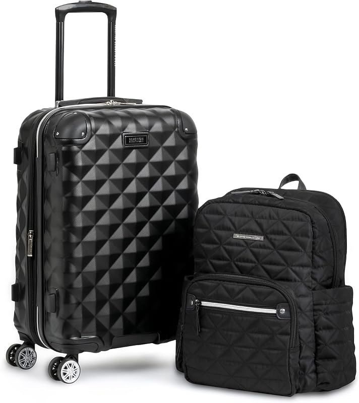 Diamond Tower Collection Lightweight Hardside Expandable 8-Wheel Spinner Travel Luggage, Black, 2-Piece Bundle (Carry On + Backpack)