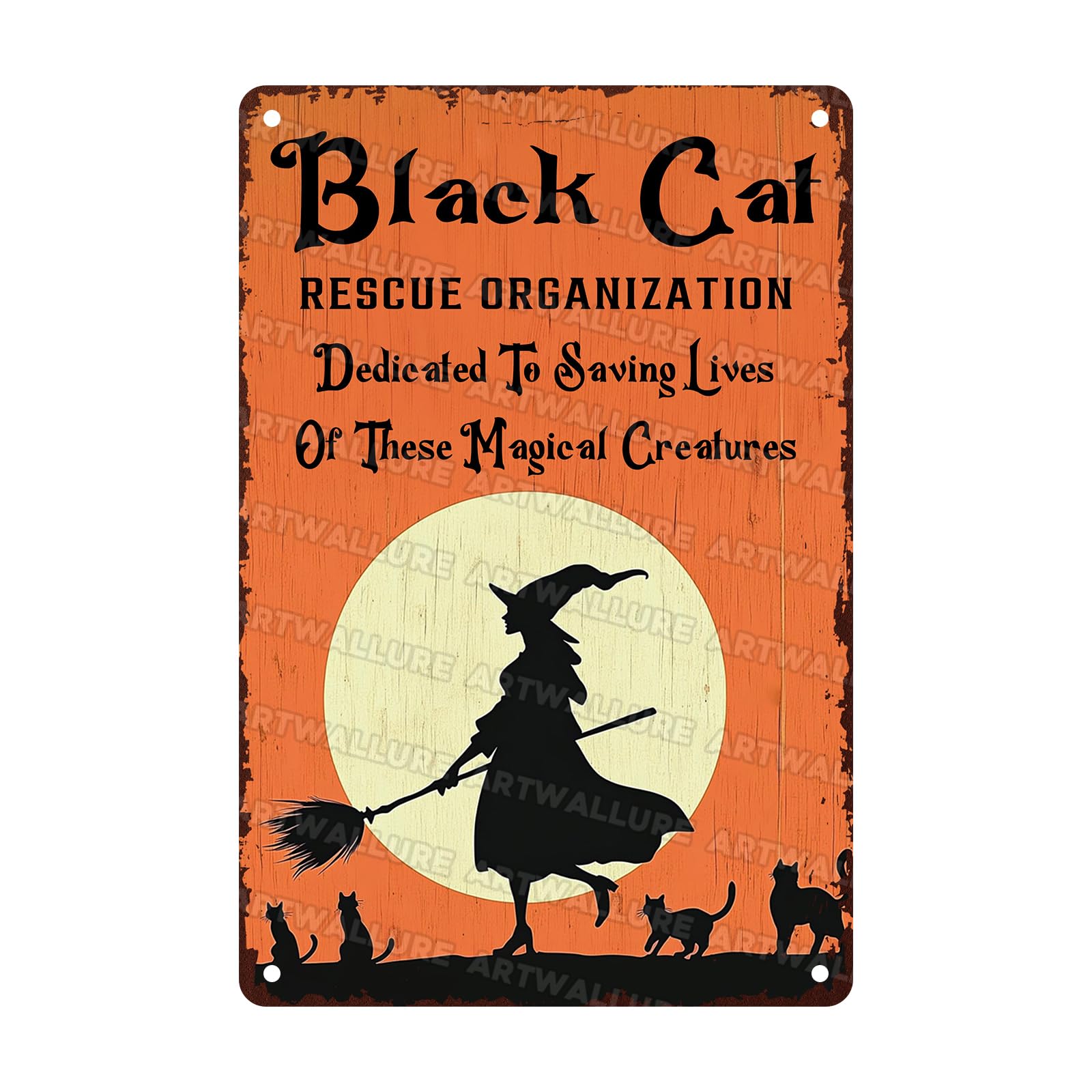 Black Cats Rescue Halloween Decor Vintage Metal Tin Sign Rustic Wall Art Gothic Home Decor Tin Plaque Retro Metal Poster for Bar Cafe 8x12inch