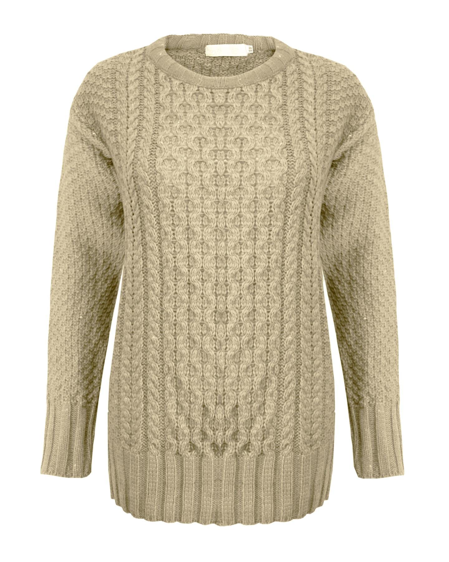 New Ladies Women Knitted Cable Knit Warm Chunky Sweater Formal Everyday Casual Long Sleeves Jumper Pullover Crew Neck Top[Stone,SM]
