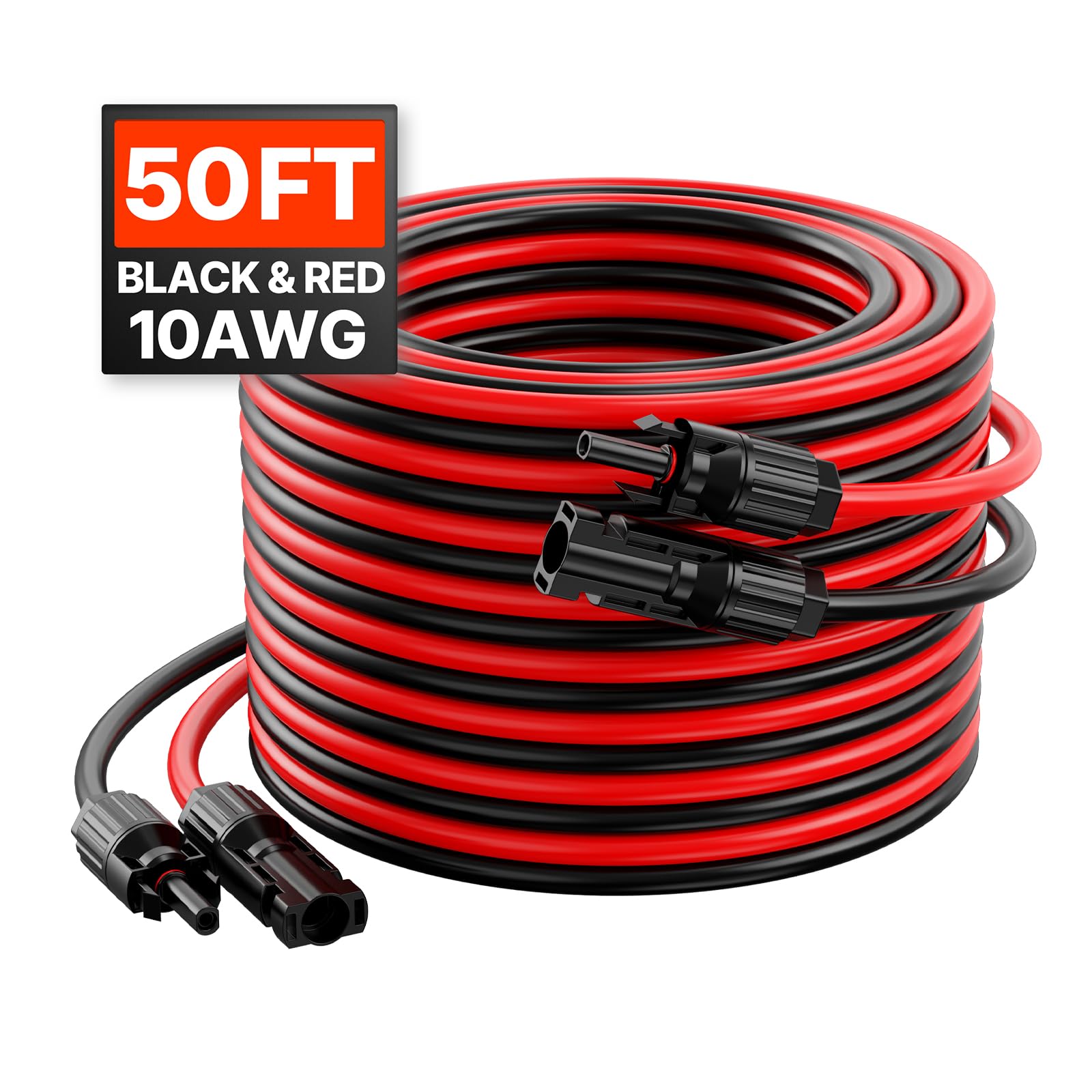 VEVOR 2 PCS Cable de Extensión para Panel Solar de 15,24 m, 10 AWG, Cable Fotovoltaico de 6 mm² con Conectores Hembra y Macho a Prueba de Agua para Paneles Solares Domésticos, de Barco, Negro y Rojo