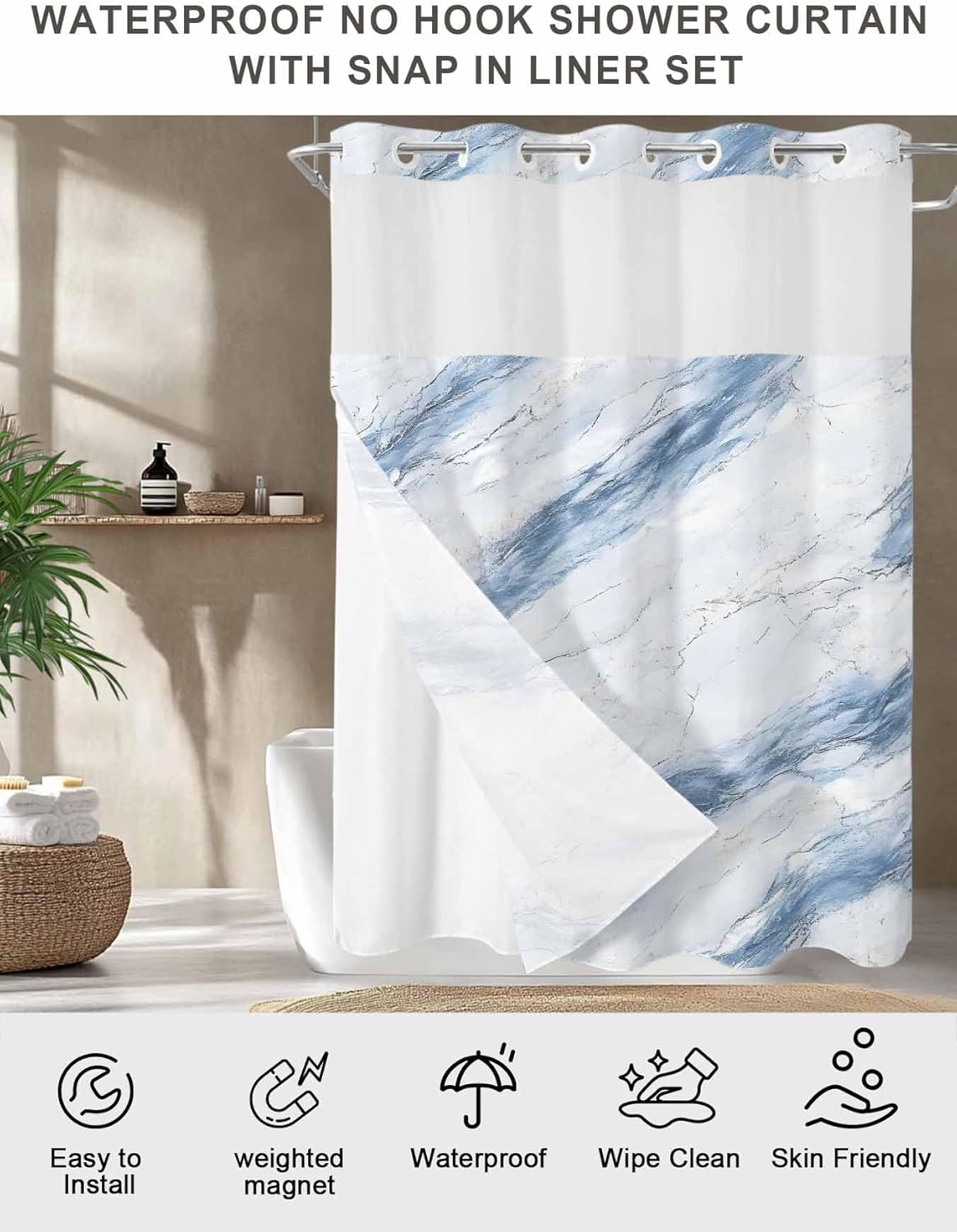 No Hook Shower Curtains with Snap in Liner, Blue Grey Marble Waterproof Fabric Shower Curtain, Ink Painting Modern Abstract Art Double Layers & See-Through Top Window Bathroom Curtains 36''x72''