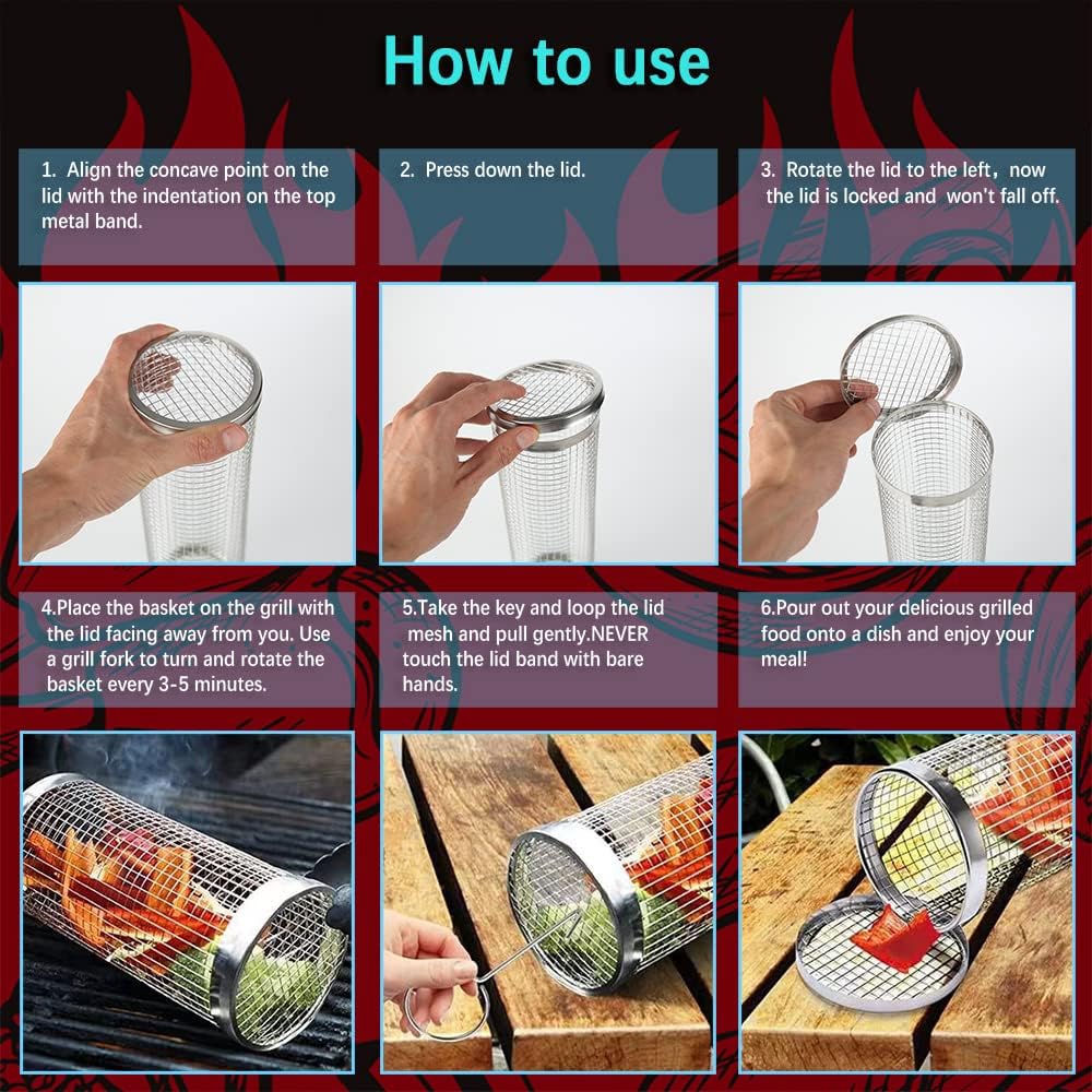 mancola BBQ Net Tube-Rolling Grilling Basket,Rolling Grilling Baskets for Outdoor Grilling,Round Stainless Steel BBQ Grill Mesh, Camping Barbecue Rack for Vegetables, French Fries, Fish
