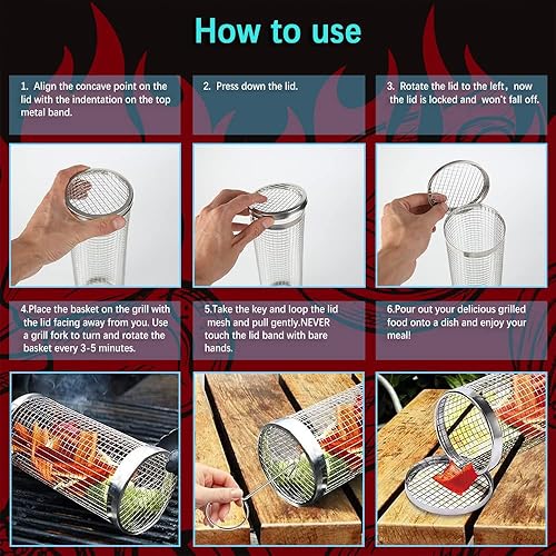 Miniatura 3 de Cesta de parrilla con tubo de red para barbacoa, cestas de parrilla rodantes para asar al aire libre, malla redonda de acero inoxidable para