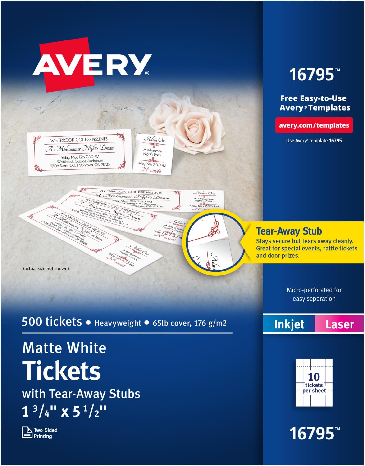 Printable Tickets with Tear-Away Stubs, 1.75" x 5.5", Matte White, 500 Blank Tickets for Laser and Inkjet Printers (16795)