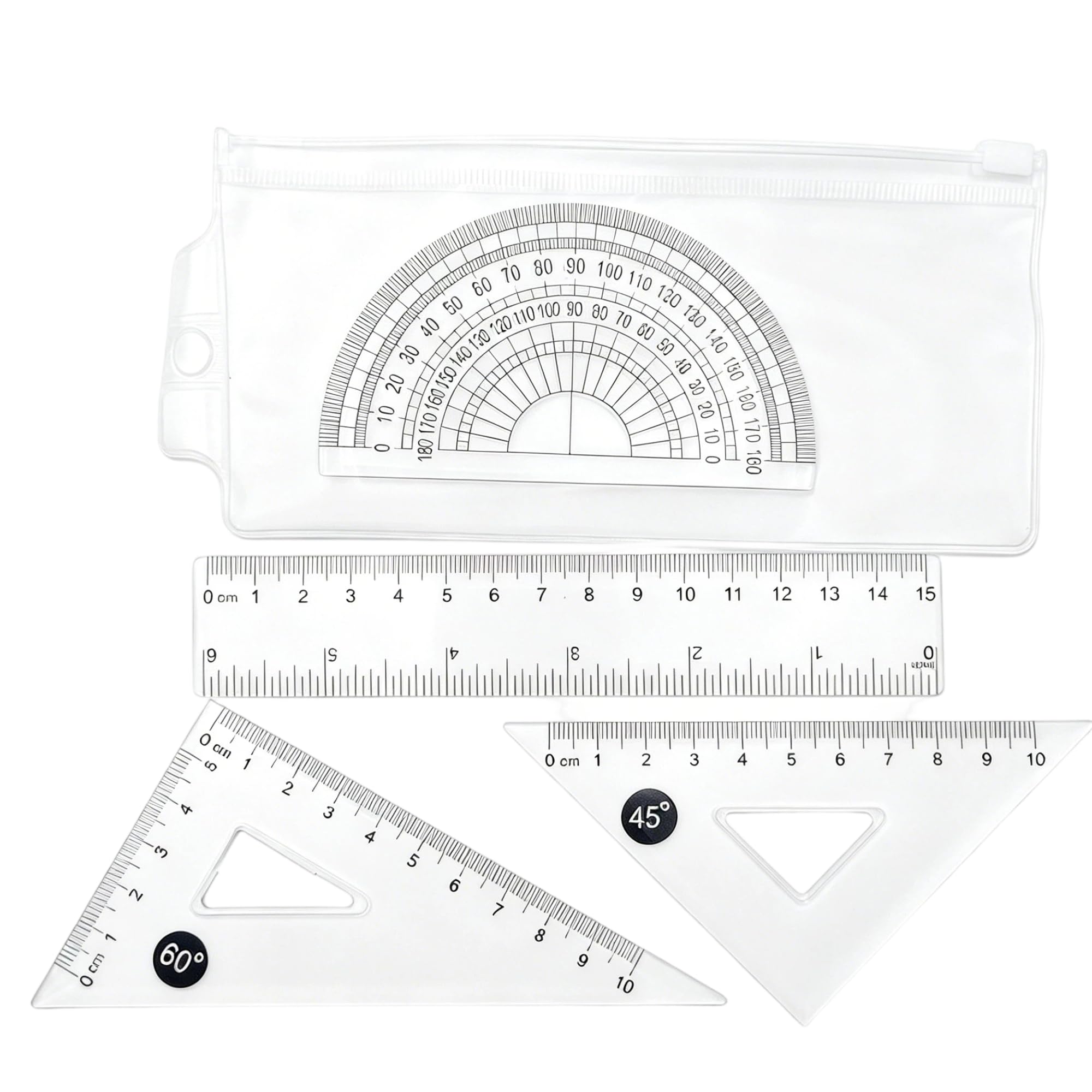 Trifletopia Clear 4Pcs Transparent Plastic Geometry Set, Includes Ruler, 45° & 60° Triangle, Protractor, For School, Office And Home Use