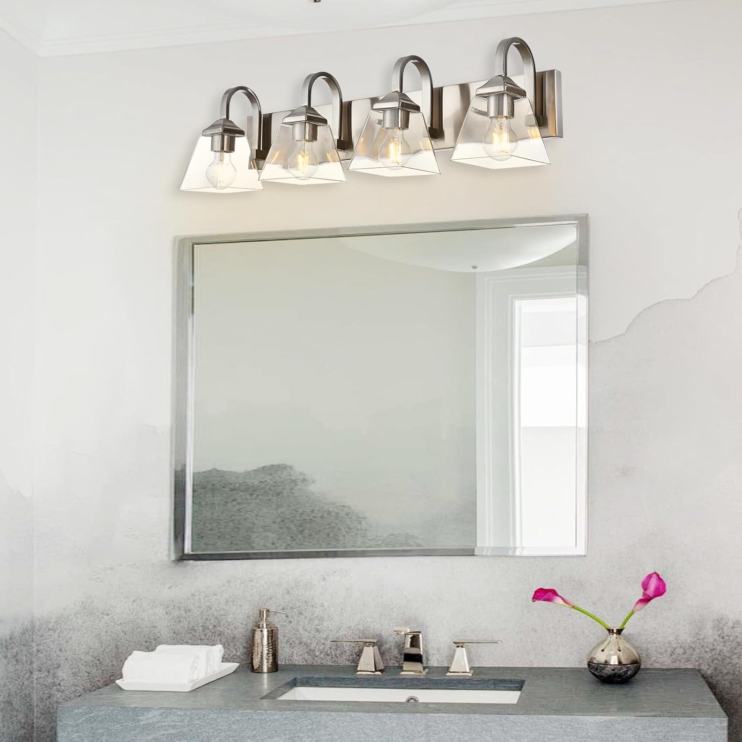 32inch Vanity Light Brushed Nickel Bathroom Light Fixtures Vintage Wall Sconce Wall Mount Lamp with Clear Glass Shades Farmhouse Bath Lighting