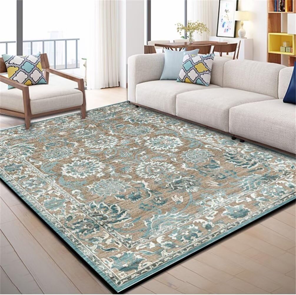 Grand tapis de salon bleu 90x180cm lavable à motif vintage