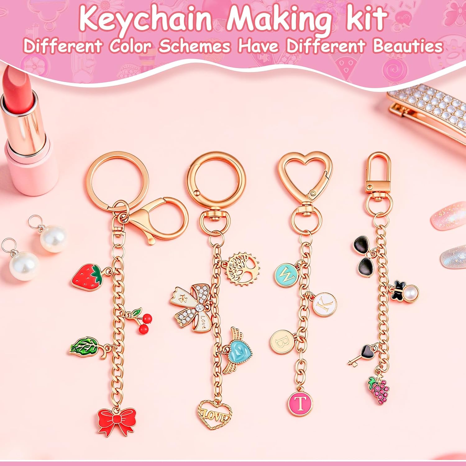 Ghegicu 481Pcs Charms Lip Gloss Keychain Making Kit, DIY Lip Gloss Key Chain Making Kit Including 20 Keychain Clips 20 Extender Chain 179 Charms and Tools, Great for a Custom Gift, Party(Colorful-481)