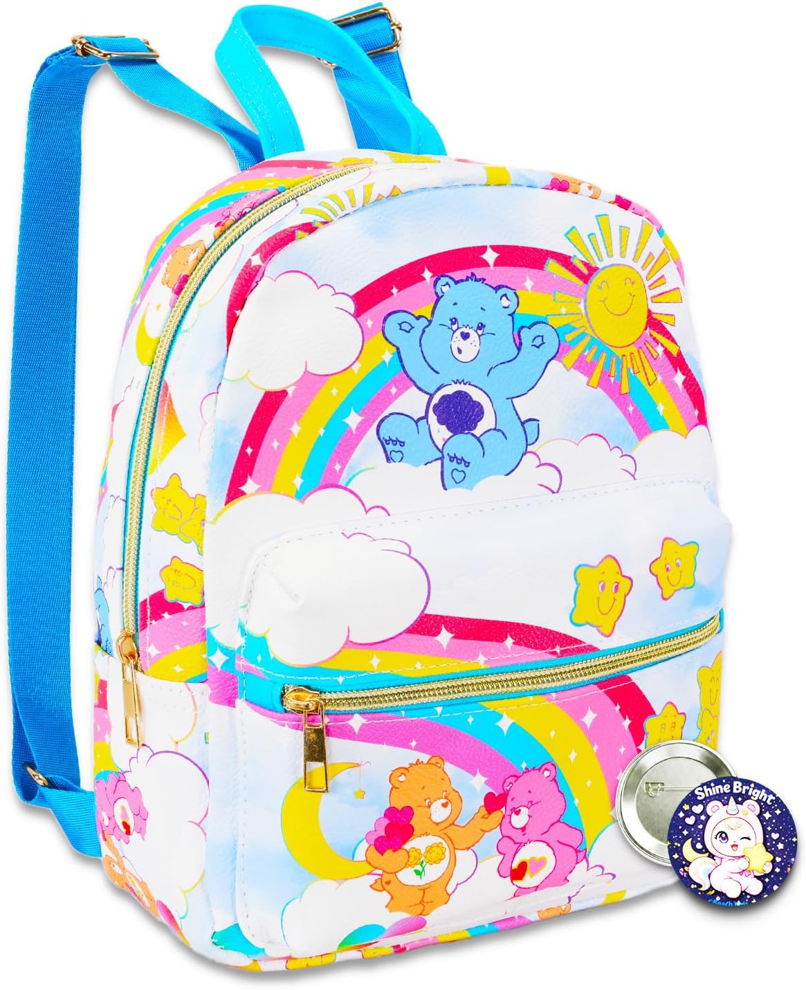 Care Bears Mini Backpack for Women - 10” Faux Leather Care Bears Backpack with Front Pocket Plus Button | Care Bears Backpack Purse Bundle