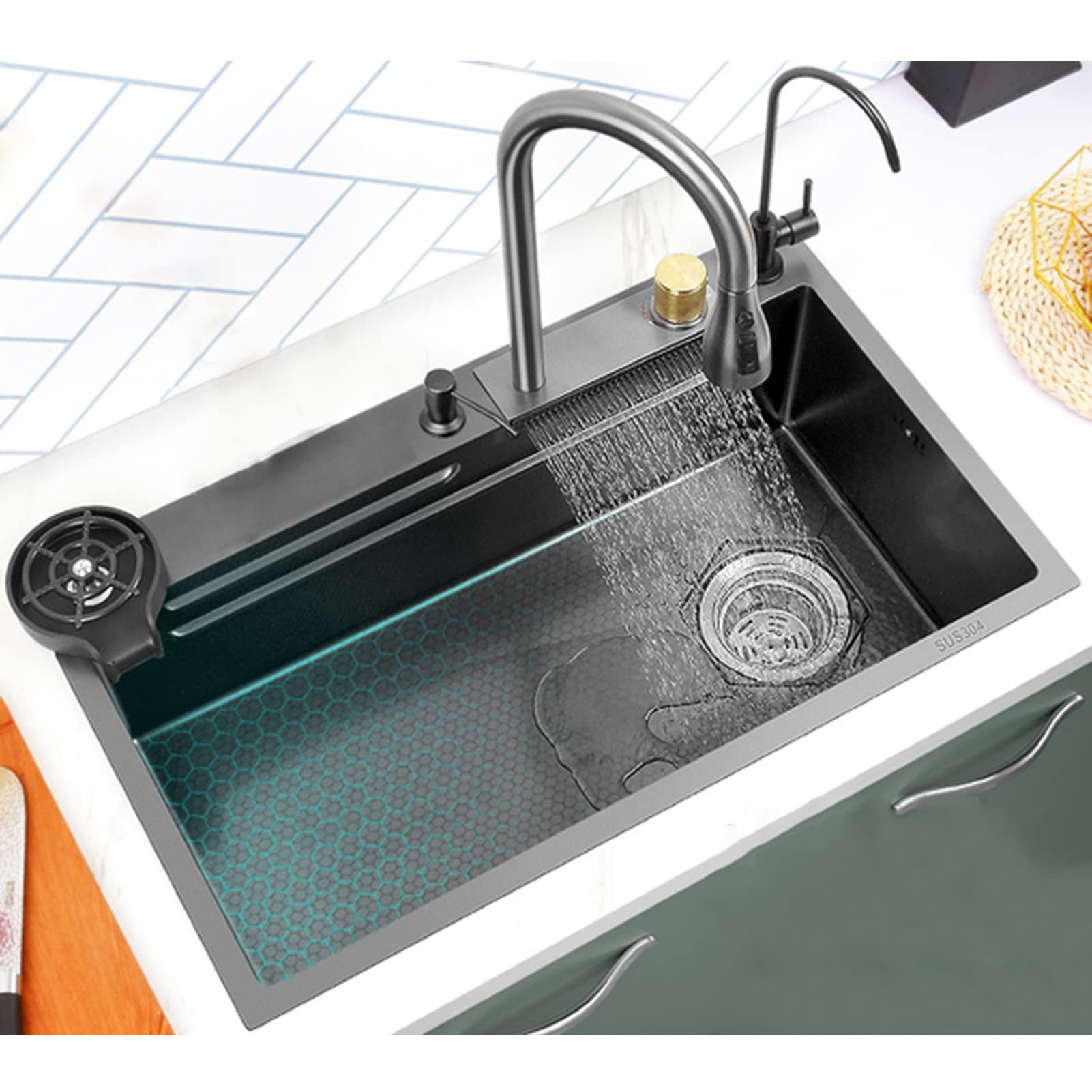 ZQFHSX Kitchen Sink, 304 Stainless Steel Nano Raindance Waterfall Home Sink Vegetable Basin Single Drop-in Or Undermount Installation (Size : 60x45cm)