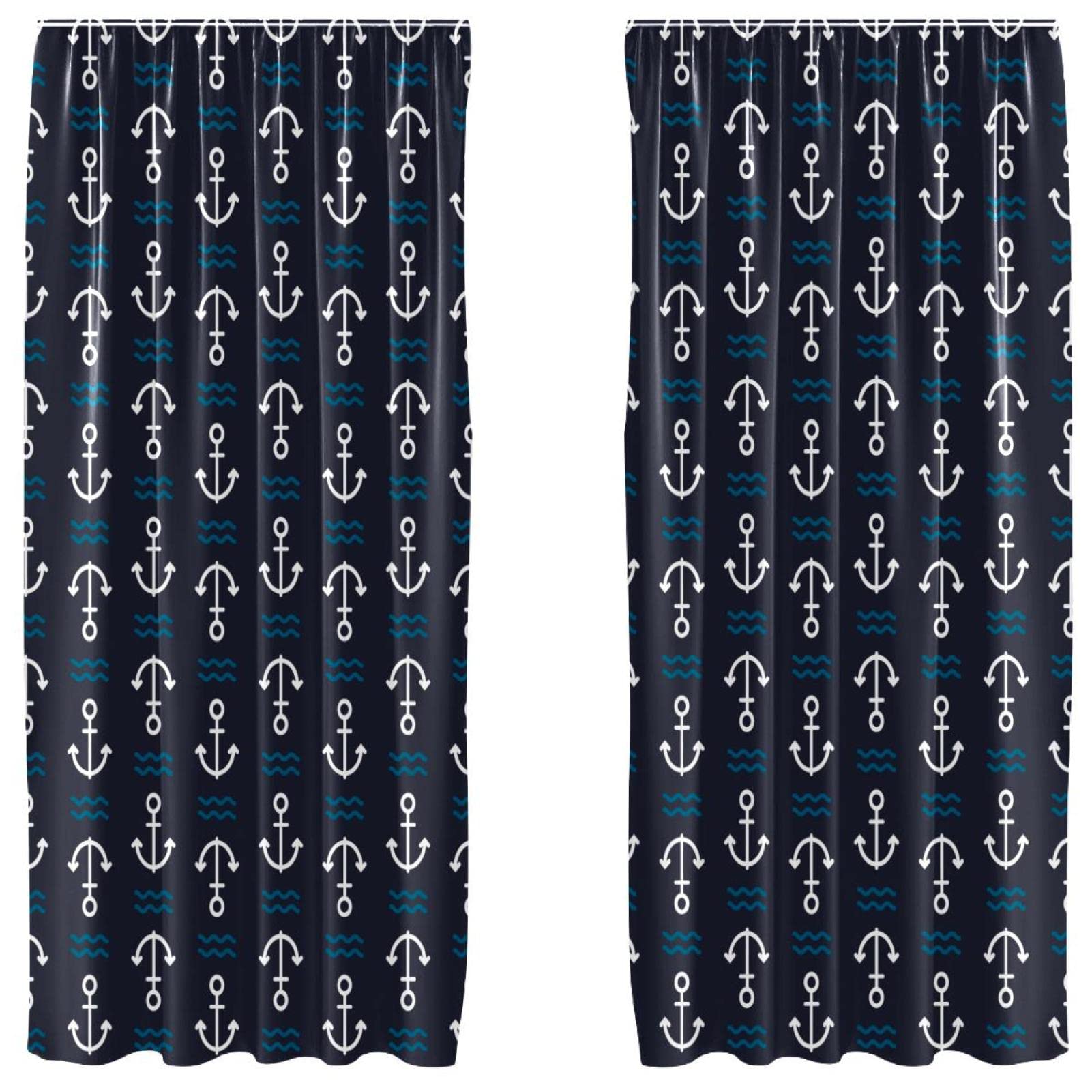 Rideaux haut de gamme bleu marine motif ancre lot de 2