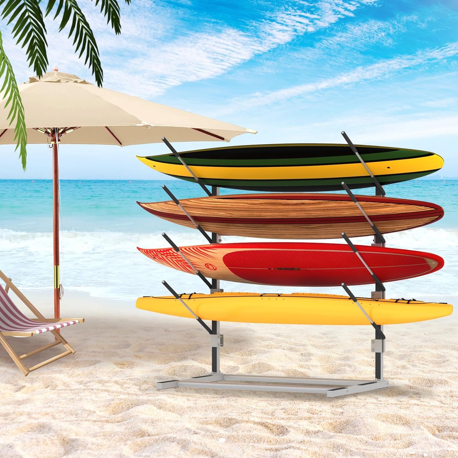 Nisorpa Support de rangement pour kayak à 4 niveaux, support de rangement réglable et autonome pour planche de surf, support de kayak robuste avec tapis en silicone antidérapant et mousse pour