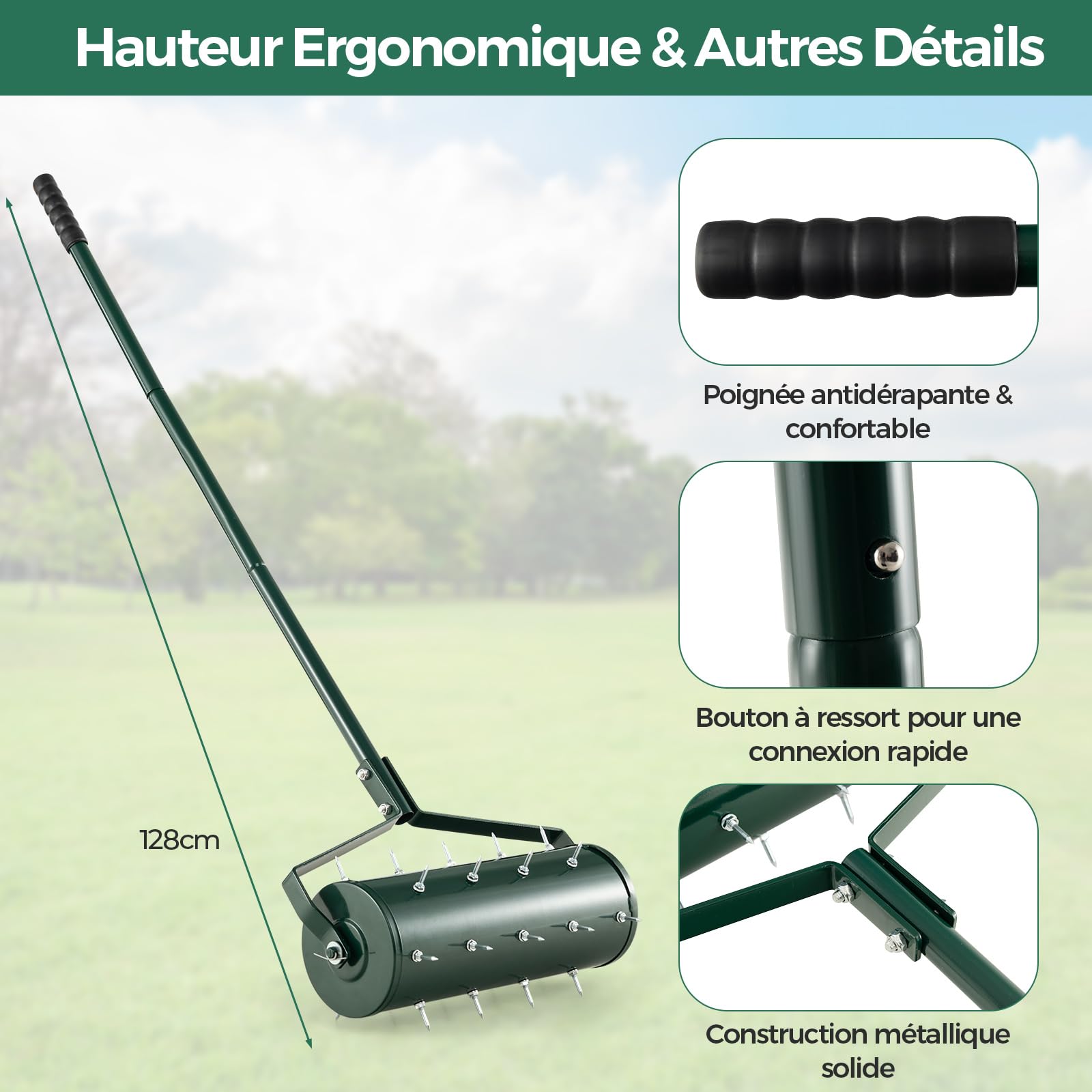 RELAX4LIFE Scarificateur Gazon Manuel 45CM avec Poignée &Rouleau à Pointes Rotatives, Rouleau Aérateur Gazon de Pelouse en Métal pour Jardin Cour Patio (5.5L | 45x130CM, Vert)