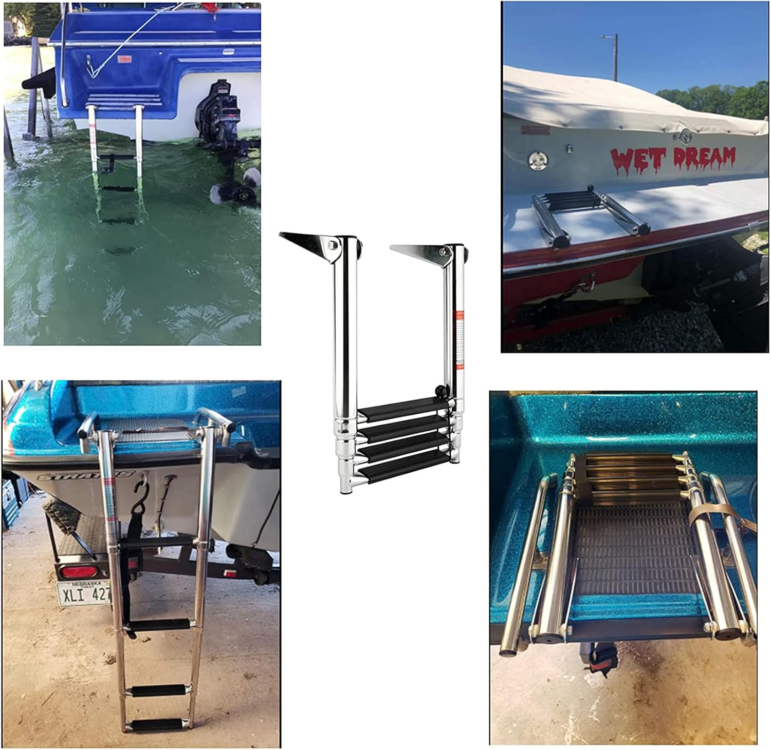 4 Step Folding Boat Ladder with Built in Drop Ladder Handle,316 Stainles Steel Telescoping Folding Ladder for Marine Boat Yacht Swimming Pool