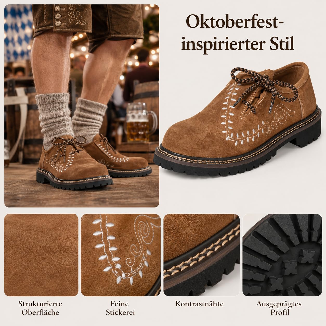 Trachtenschuhe Herren 2026 Stickerei Flock Leder Haferlschuhe Passform Traditionelles Design für Volksfest Trachten Festlichkeiten Bequem Lederschuhe Ledersohle Schnürschuhe Tanzschuhe