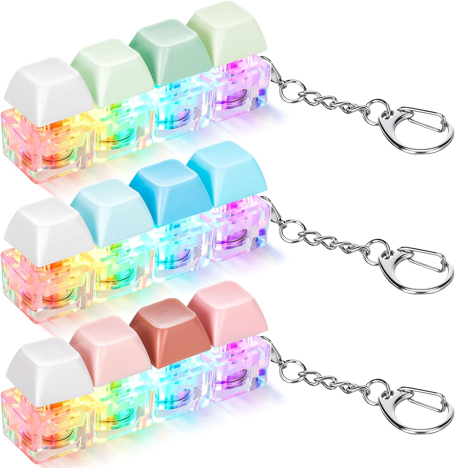 Halloscume 3 Pcs 4-in-1 Light up Keyboard Fidget Clicker Keychain Clicky, Creamy & Silent Adults Stress Relief Fidget Clicker Keychain Ideal Gift Boost Focus Calm Anxiety for Work Travel