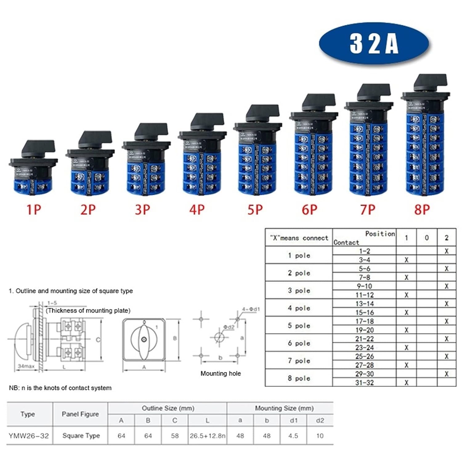 YMW26-32 Series LW26 32A 690V Silver Contact 1-8 Poles 2/3 Positions Changeover Cam Switch Rotary Selector LW28-32 1Pcs(32A-102,4P-16 Terminals)