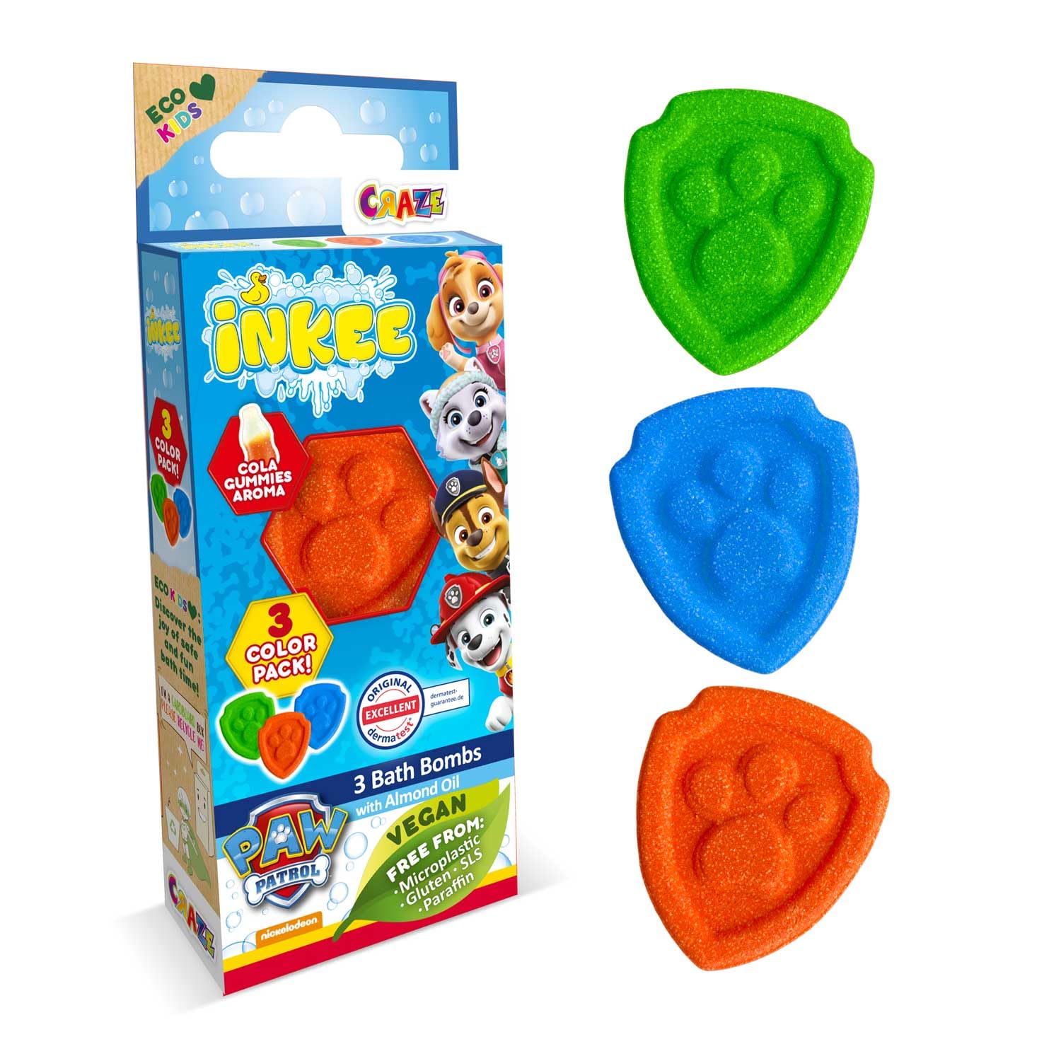 INKEE Mini Pack Paw Patrol, Set of 3 Bath Bombs for Children with Shapes of Their Paw Patrol Characters and Strawberry Scent, Guaranteed Fun