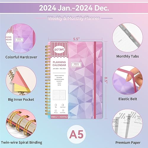 Miniatura 2 de 2024 Academic Planner Weekly & Monthly Daily Agenda Book, 2024 To Do List Notebook with Monthly Tabs, Inner Pocket, Spiral Bound, Elastic Closure,
