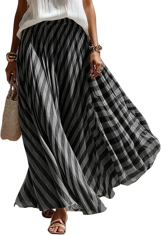 Womens Striped Maxi Skirt High Waisted Flowy Long Skirt