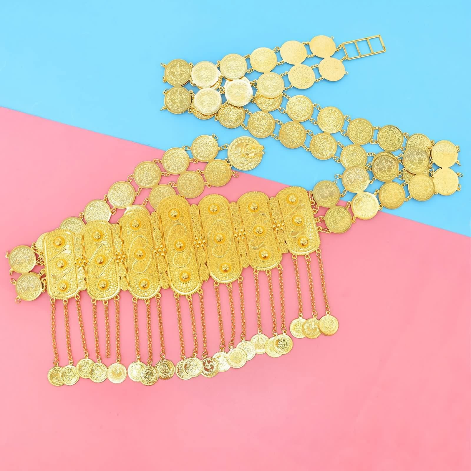 Daesar Körperschmuck Bauchkette Sexy, Taillenkette Vergoldet Breit Blumen mit Münzen Quasten Bauchketten für Frauen Gold