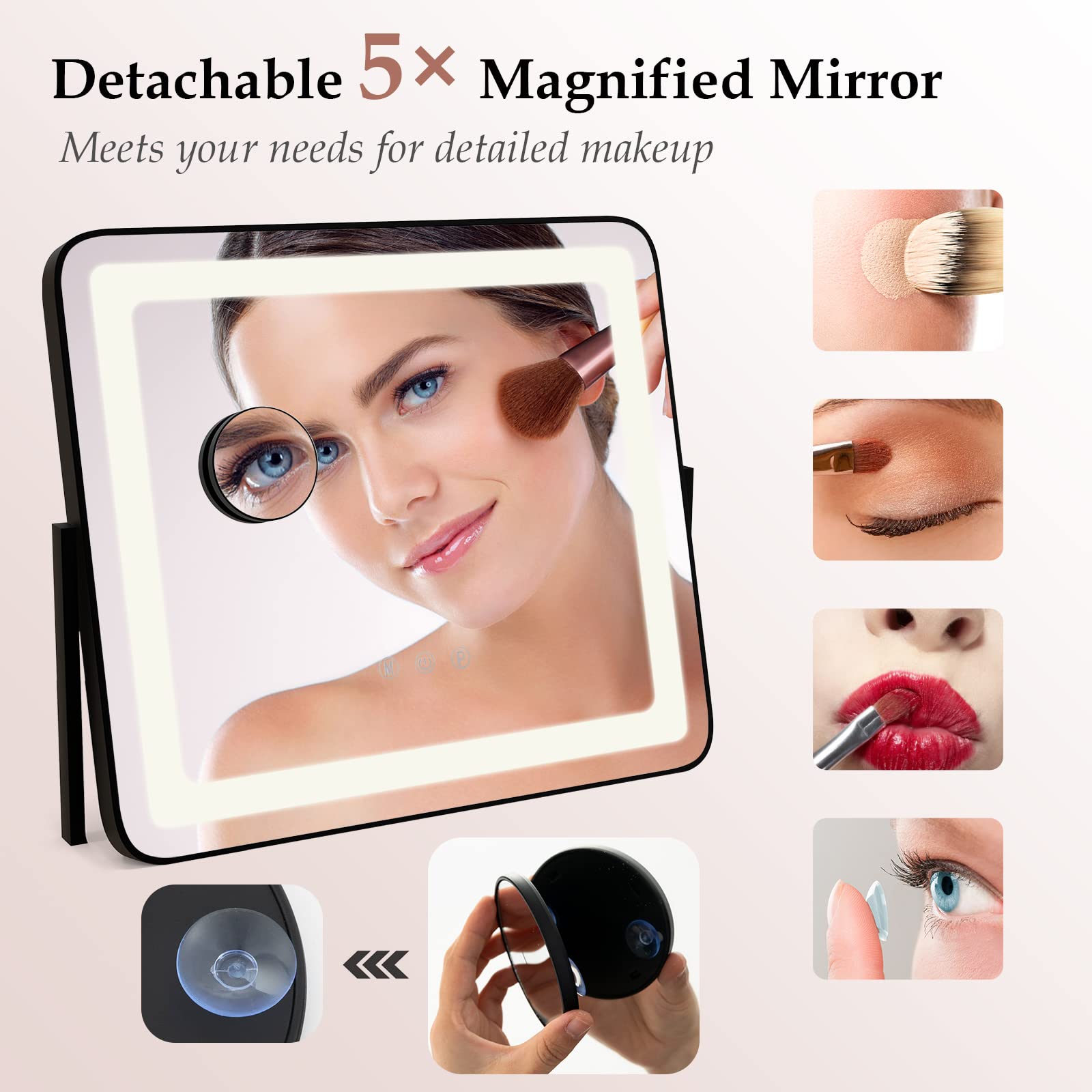 LIFEZEAL Espejo de Maquillaje con Luz, Espejo Hollywood con Led de 3 Colores, Espejo de Mesa con 5 aumentos y Smart Touch, Giratorio 360° y 3 Modos de Luminosidad, 50x44 cm