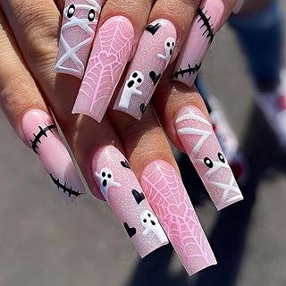 Halloween Cute Ghost Press on Nails Long Coffin Fake Nails Holiday Cute Spooky Heart Spider Web Design French False Nails