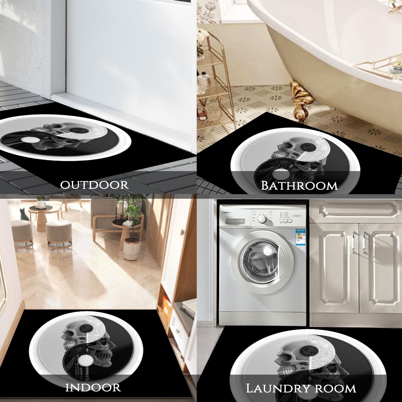 Paillasson intérieur Style Cyberpunk Sombre Squelette Mécanique Yin Yang, Tapis d'entrée antidérapant Lavable en Machine, Tapis Doux pour Cuisine, Salle de Bain, Chambre, Couloir - 60x90cm