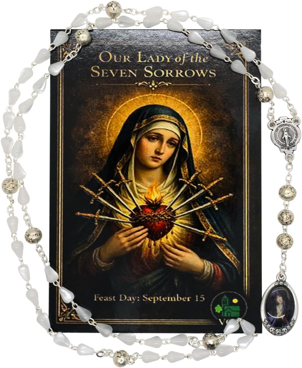 Venerare Seven Sorrows of Mary Rosary Chaplet | White Bead Rosary with Silver-Tone Medals | Includes Prayer Card | Catholic Devotional Made in Italy