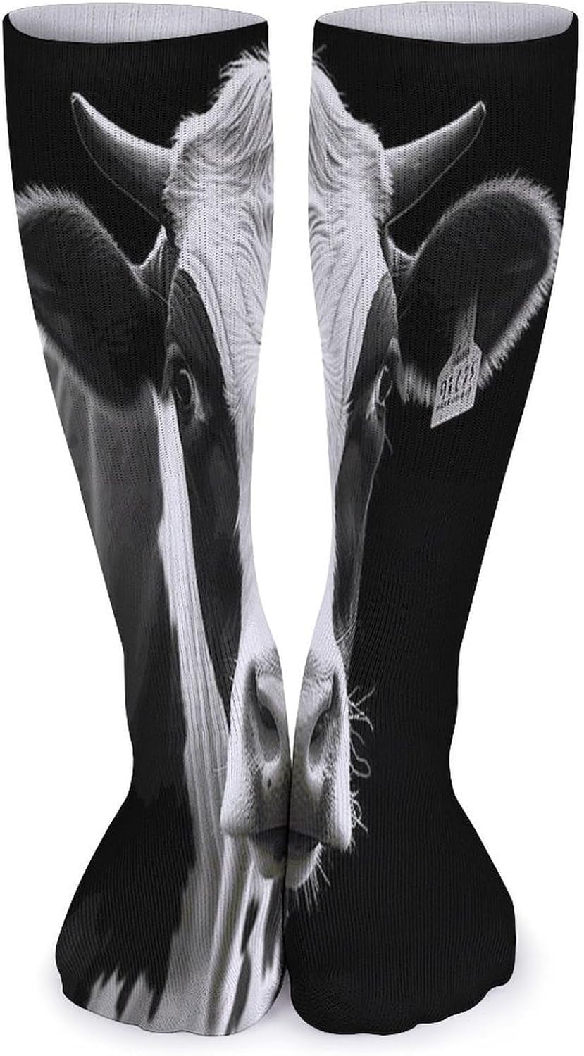 Animal Funny Cow Head Black White Crew Socks Cozy Casual Calf Socks Lightweight Long Work Sock Breathable Athletic Sock for Hiking Sports Running 5 Pairs