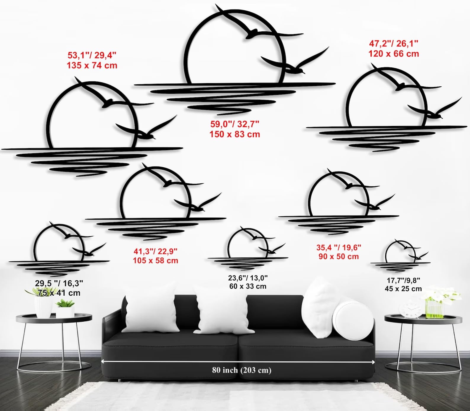 Tubibu Metall-Wandkunst Sonnen-Glitzer-Wanddekoration schwarze minimalistische Linienkunst Sonnenaufgang-Wandbehang (Small)