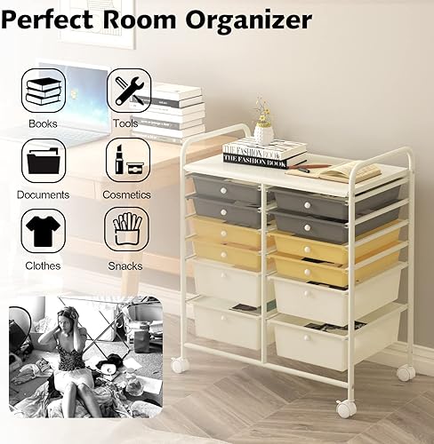 Miniatura 6 de Topment Carrito de almacenamiento con ruedas de 12 cajones, carrito organizador móvil multiusos, carrito de utilidad para el hogar, oficina, escuela