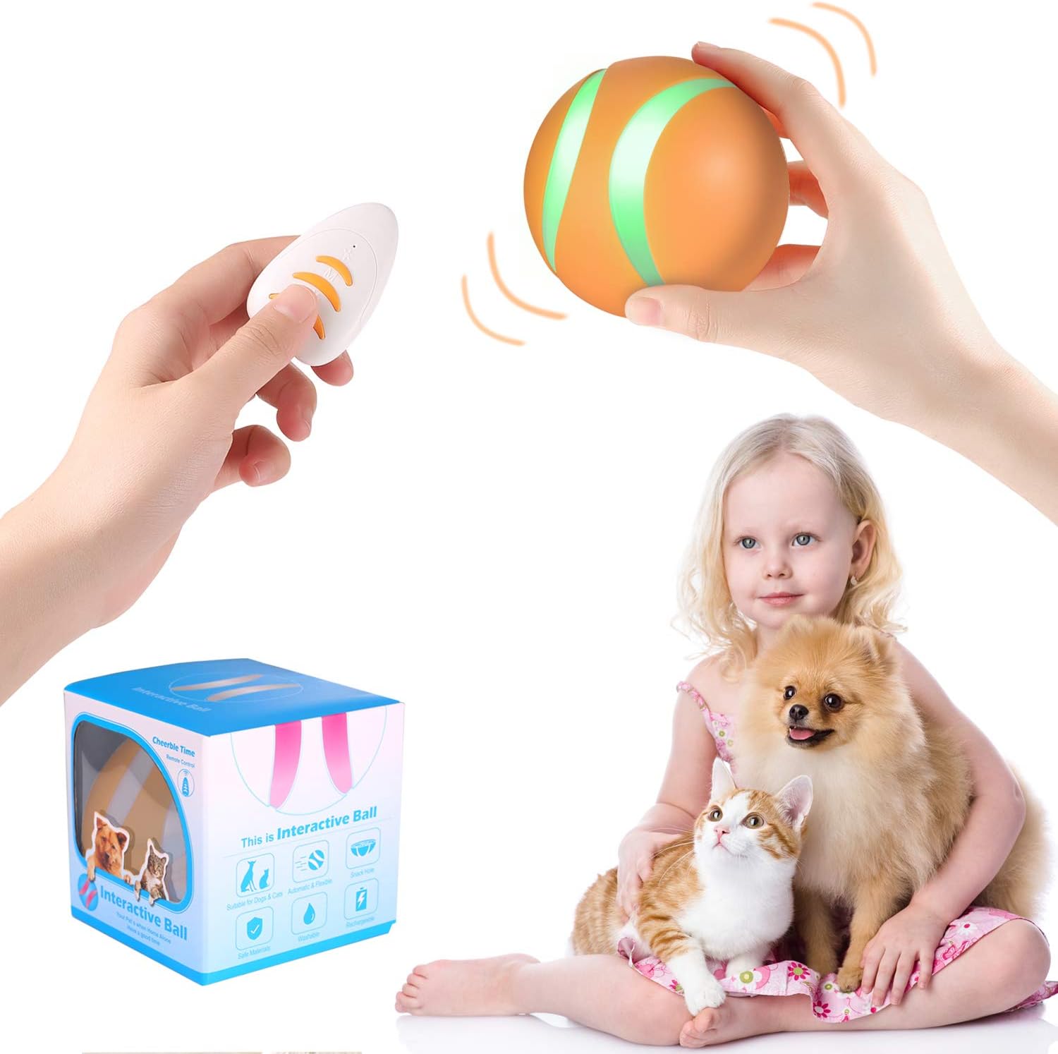 Smart Interactive Pet Toy Bounce Ball for Dog Cat Furry Family Puppy Kitten,1000mAh Battery,RGB Flashing LED Lights,360 Degree Auto Rolling/Turn Off,Washable Durable TPU Roller Wicked Toys(Orange)