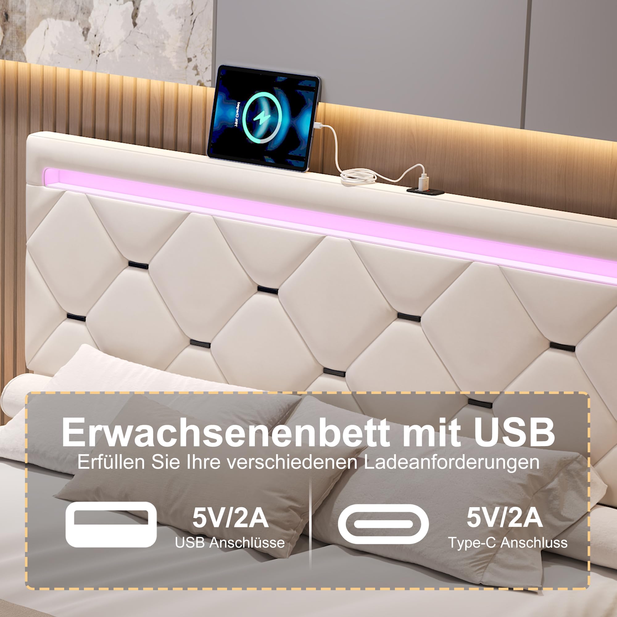 Letto Matrimoniale 160x200 cm, Letto Imbottito con 4 Cassetti, USB e LED, Struttura Letto con Rete a Doghe, Rivestimento in Velluto, Beige, Materasso Non Inclus