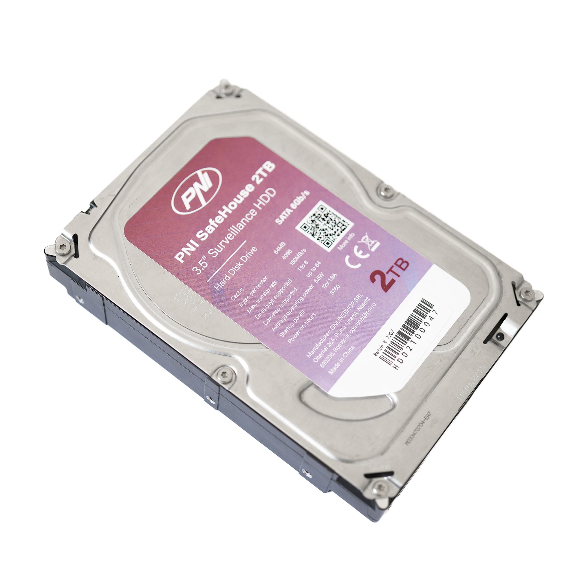 Disco Duro Interno PNI SafeHouse de 2 TB, 3,5", HDD, CCTV, 64 MB, SATA III, 7200 RPM para Sistemas de videovigilancia.