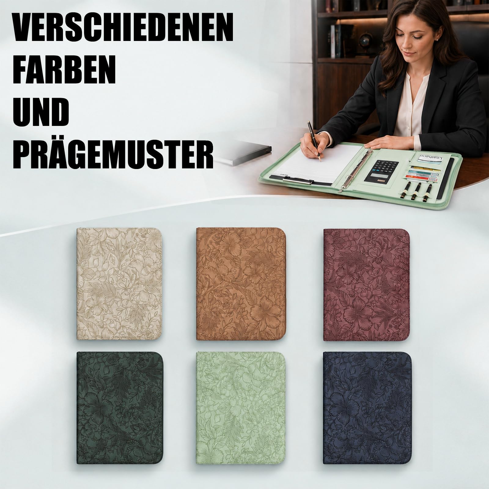 Leathario Konferenzmappe a4 mit Reißverschluss,Schreibmappe a4 mit 10 Dokumentenhüllen,Business Arbeitsmappe mit 4 Ringbuch，Veganes Leder Mappe für Meetings,Behördengänge,Studium,Bewerbungsgespräche