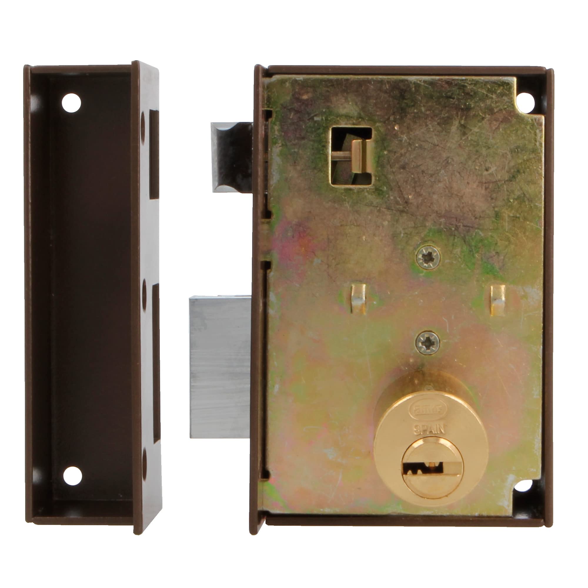 Amig - Serratura a Sovrapposizione a Destra con Leva di Chiusura - Linguetta e Maniglia per Porte in Legno - Mod. 75, 72 x 112 mm - Cilindro rotondo di sicurezza - Acciaio Marrone