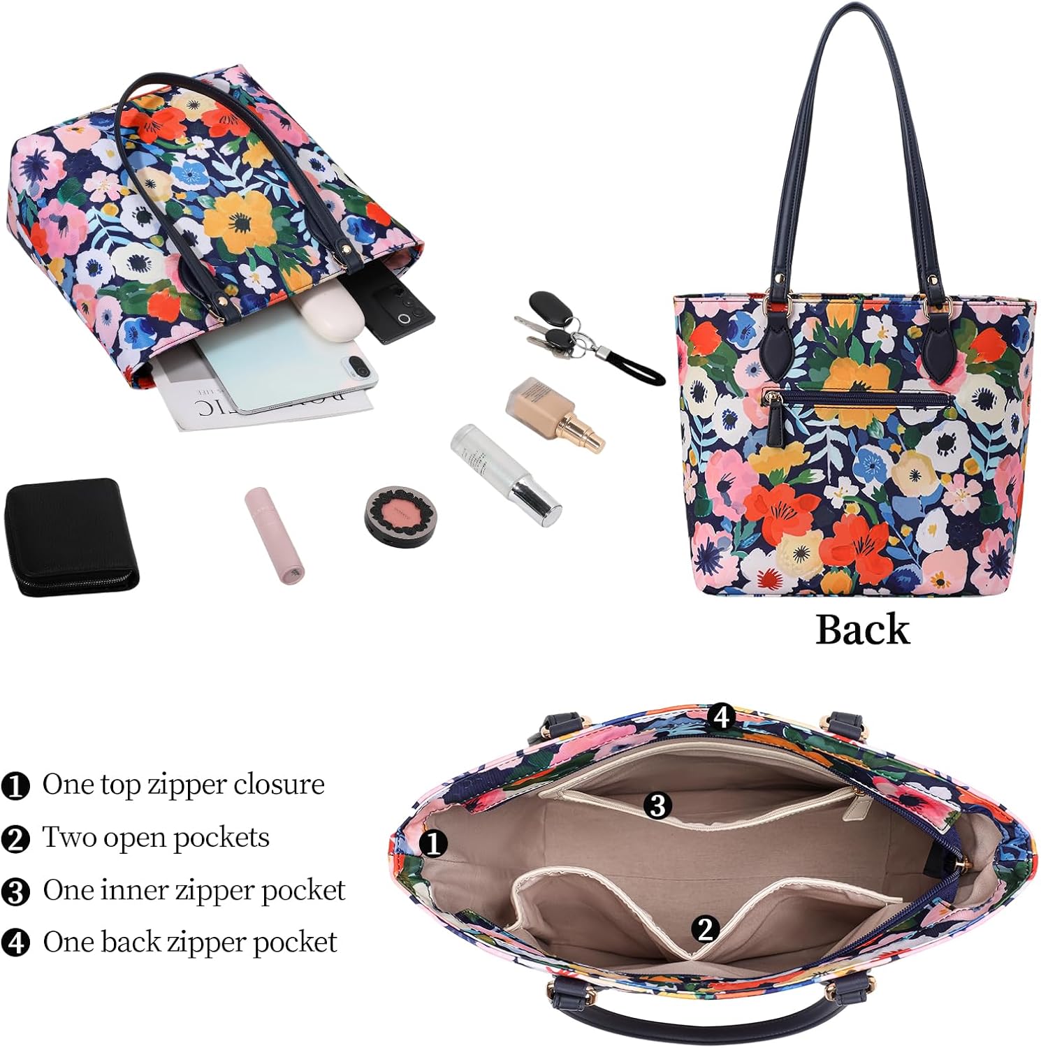 Tote bags for women, tote purse, nylon tote bag, with zipper and pockets, waterproof