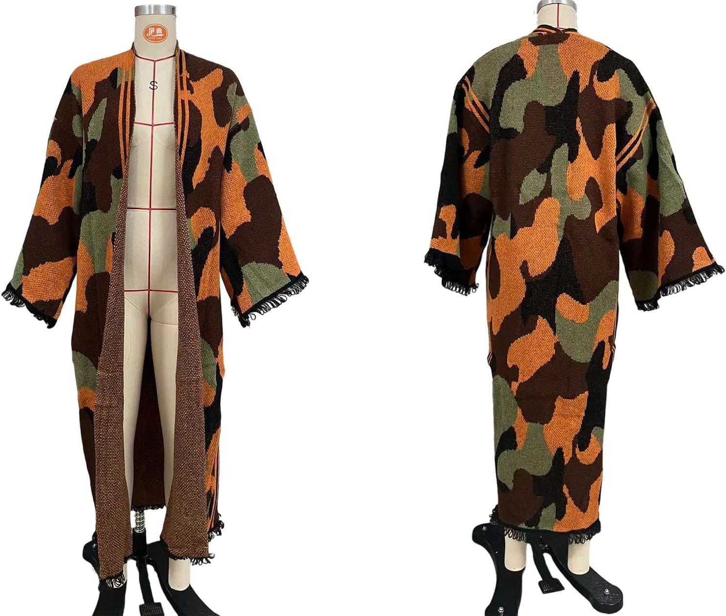 NRTHYE Women Camo Long Cardigan Camouflage Open Front Shawl Sweater Oversized Fringed Hem Maxi Knit Cardigans Outwear - Image 6